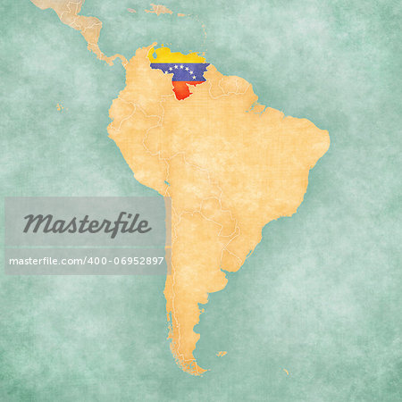 Venezuela (Venezuelan flag) on the map of South America. The Map is in vintage summer style and sunny mood. The map has a soft grunge and vintage atmosphere, which acts as a watercolor painting.