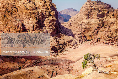 View of ancient tombs carved in the rock in Petra, Jordan