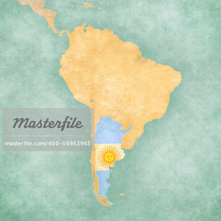 Argentina (Argentine flag) on the map of South America. The Map is in vintage summer style and sunny mood. The map has a soft grunge and vintage atmosphere, which acts as a watercolor painting.