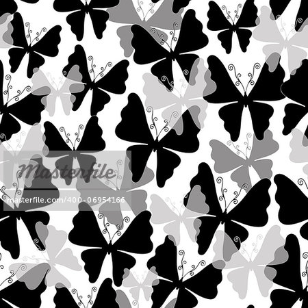 Seamless white pattern with black, gray and transparent silhouettes butterflies (vector EPS 10)