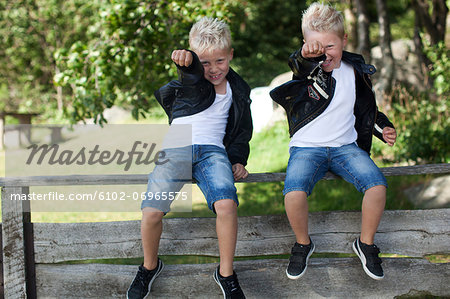 Two boys sitting on fence