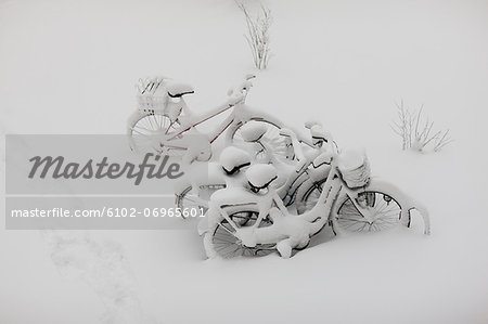 Bicycles covered by snow