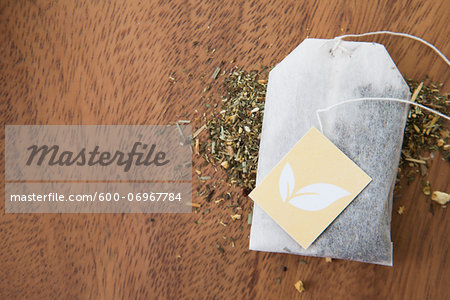 Tea Bag with Tag and Loose Tea, Studio Shot Tea Bag with Tag and Loose Tea, Studio Shot