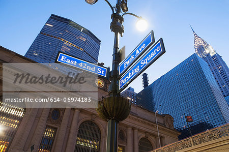 Street signs outside Grand Central station at dusk, New York City, USA Street signs outside Grand Central station at dusk, New York City, USA
