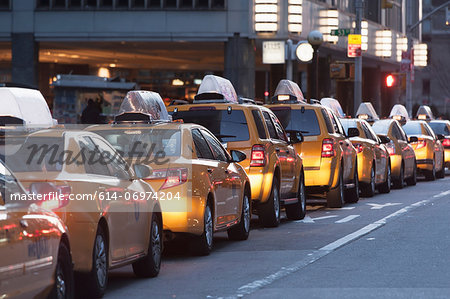 Yellow taxis in a row, New York City, USA