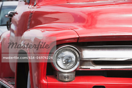 Close up of red vintage chevrolet truck