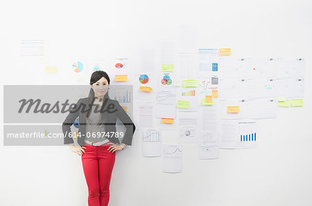 Woman in front of wall with adhesive notes Woman in front of wall with adhesive notes