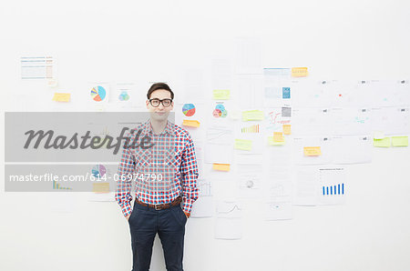 Portrait of man in front of wall with adhesive notes Portrait of man in front of wall with adhesive notes