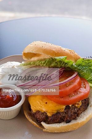 Cheeseburger with onions, tomatoes and lettuce, served with ketchup and mayonnaise