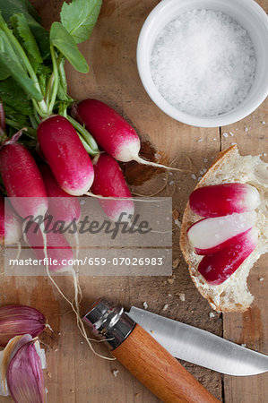 Whole radishes and sliced radishes on bread with salt