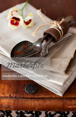 Old Silverware Bundled on a Napkin