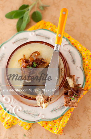 Chicken Liver Pate Topped with Onion Marmalade with Fig Balsamic Vinegar; Some on a Knife and Bread; From Above