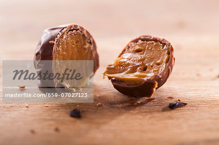 A home-made chocolate truffle, cut in half