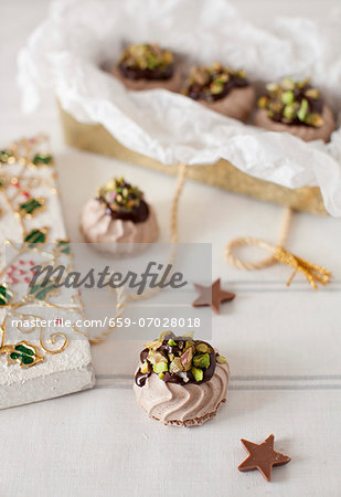 Orange-Chocolate Covered Meringues with Pistachios; In and Out of a Gift Box; Christmas Decoration