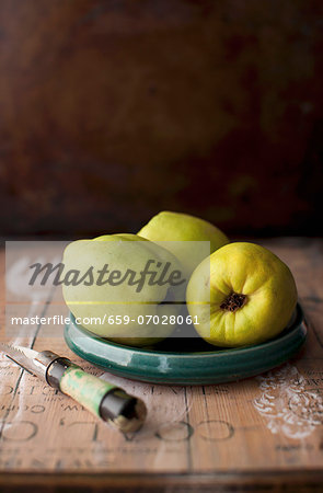 Three Quince on a Small Plate; Corer