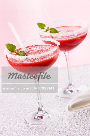 Strawberry Margaritas with a sugar rim