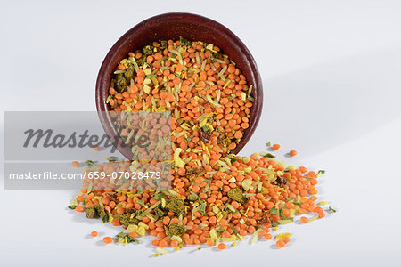 A mix of lentils and rice with herbs and spices