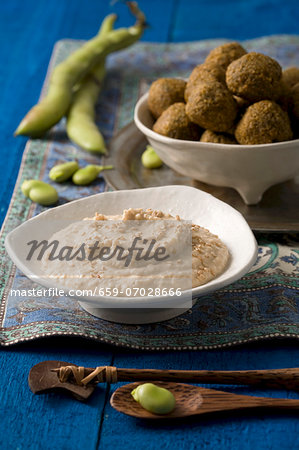 Falafel made with broad beans and chickpeas, served with houmous