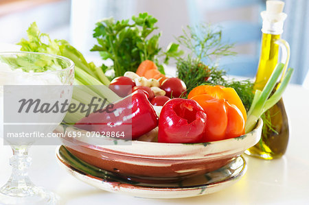 Healthy eating: vegetables, olive oil, yoghurt and quark