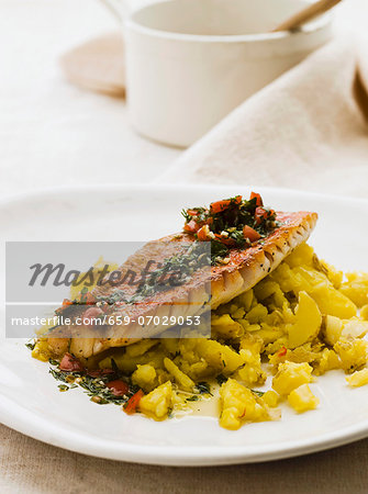 Red mullet with saffron potatoes and tomato & dill salsa