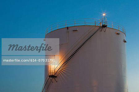 Gas storage tank at dusk, Montreal, Quebec, Canada