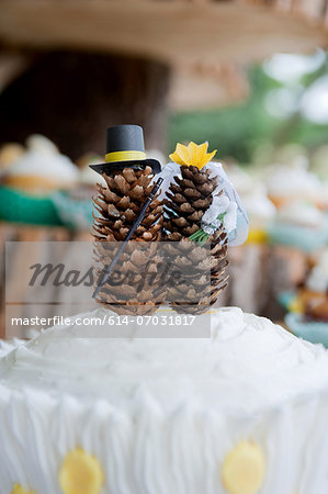 Fir cone models on top of wedding cake