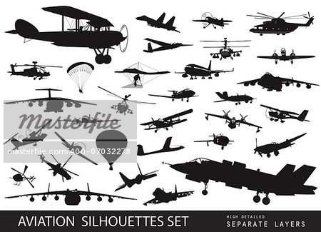 Vintage and modern aircraft silhouettes collection. Vector on separate layers
