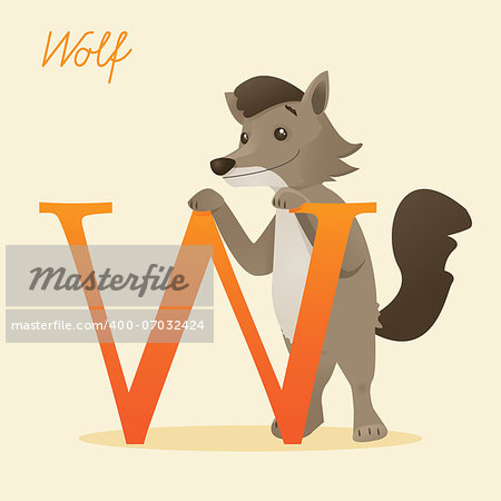 Animal alphabet with wolf,  vector illustration