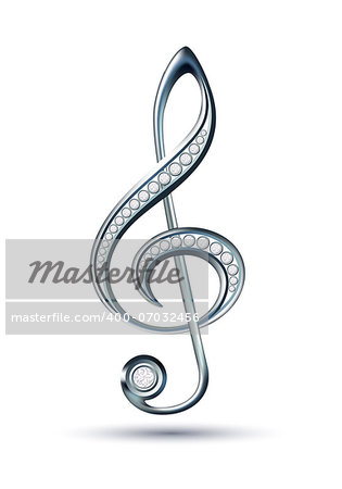 Silver treble clef with diamonds isolated on the white background. Vector illustration