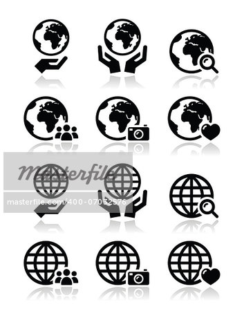 World, globe with people, magnyfying glass, hands, heart, camera icons set isolated on white