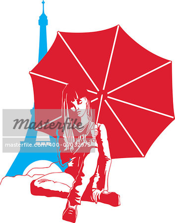 Graphic silhouette of a woman with an umbrella