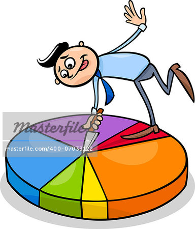 Concept Cartoon Illustration of Man or Businessman Cutting Piece of Circle Chart