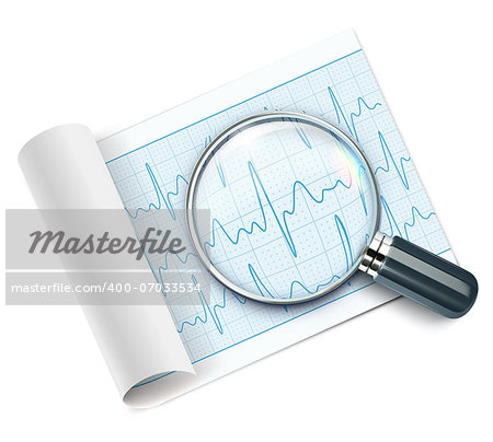 Vector illustration of cardiogram under magnifying glass