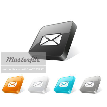 Set of e-mail icons on 3d square buttons in different colors