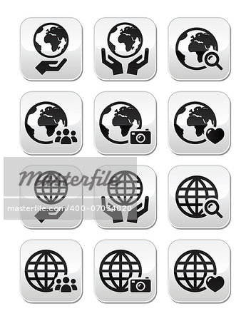 World, globe with people, magnyfying glass, hands, heart, camera buttons set isolated on white