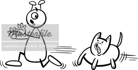 Black and White Cartoon Illustration of Funny Alien or Martian Comic Character Running Away form Dog to Coloring Book