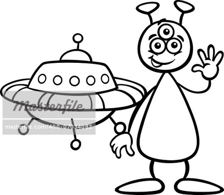 Black and White Cartoon Illustration of Funny Alien or Martian Comic Character with Ufo or Spaceship for Coloring Book