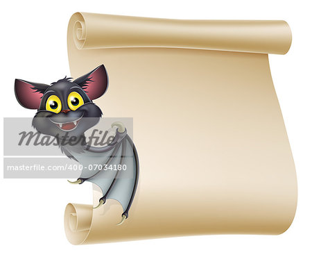 An illustration of a cute cartoon Halloween vampire bat peeping round a scroll sign and showing what is written on it.