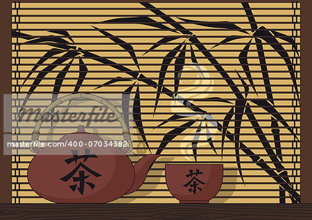 Abstract background with teapot and a drinking bowl of tea on bamboo background.