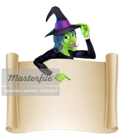 An illustration of a cartoon witch character pointing at a scroll sign. Perfect for your Halloween sign or message