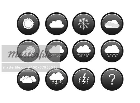 Grayscale weather icon set including 11 icons of wheather + 1 for "unknown" wheather