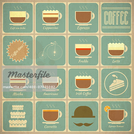 Set of Retro Coffee Labels in Vintage Style with Types of Coffee Drinks and Food Icons. Vector Illustration.