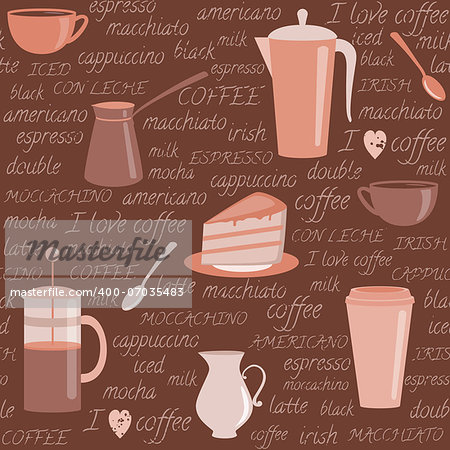 Seamless pattern with coffee items and text