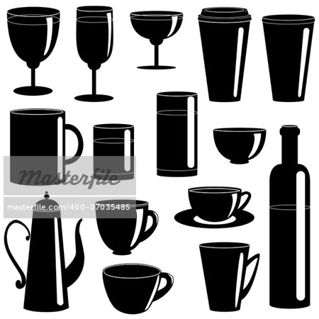 Set of cups and glasses silhouettes isolated on white