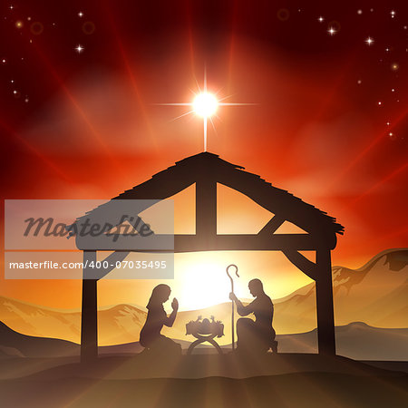 Christmas Christian nativity scene with baby Jesus in the manger in silhouette, and star of Bethlehem