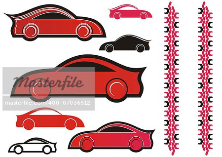 Set of seven red and black sport cars icons with tire prints