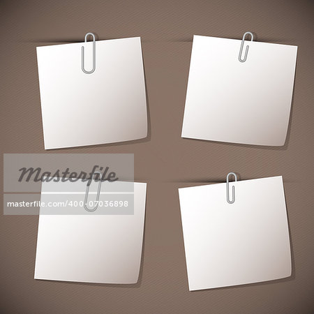 Note papers with paperclip on brown background, stock vector
