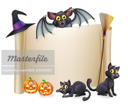 A Halloween scroll sign with a bat character above the banner and pumpkins, witch's cats, hat and broomstick