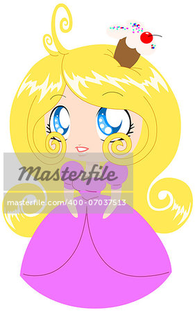 A vector illustration of a blond princess in pink dress and cupcake on her head.