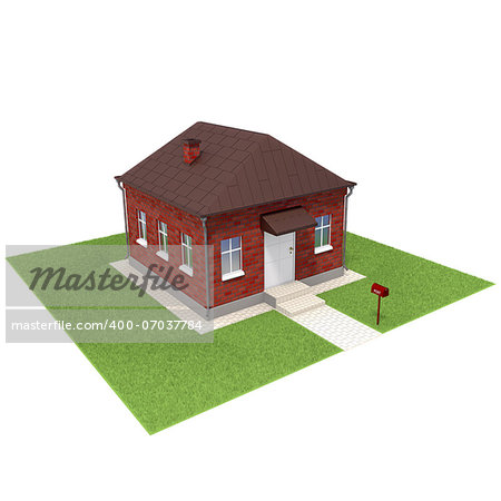 Brick house on the grassfield. Isolated on a white background